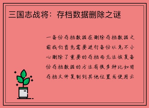 三国志战将：存档数据删除之谜
