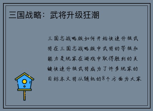 三国战略：武将升级狂潮